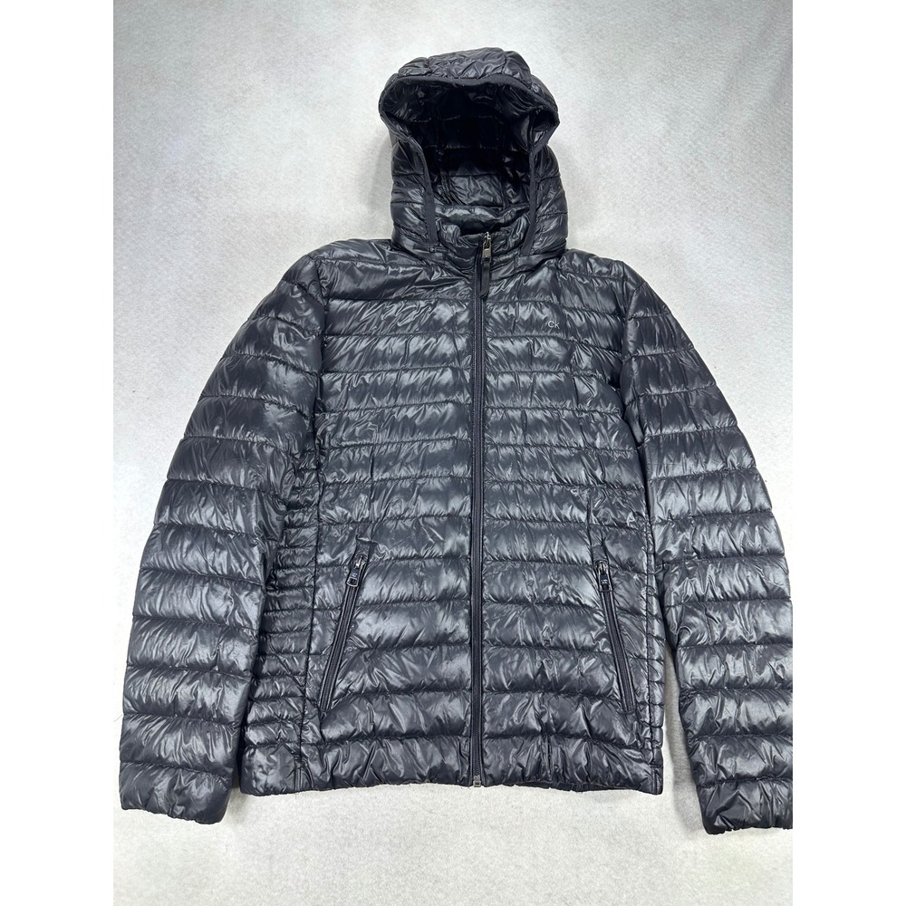 Calvin Klein Mens Packable Premium Down Puffer Jacket Black Detachable Hood M